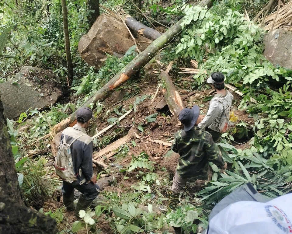 Nhiều tảng đá lớn lăn từ đỉnh núi xuống ở làng Tu Hon (thôn 3, xã Trà Don). Ảnh: UBND xã Trà Don